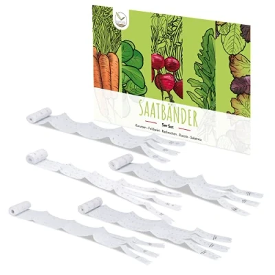 Abbildung von 5m Saatband 5er Set bestehend aus Karotten, Radieschen, Rucola, Feldsalat &amp; Pflücksalat Samen Ideal für die Anzucht im Garten, Balkonkasten Gemüsebeet