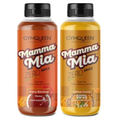 Abbildung von GymQueen Mamma Mia Zero Sauce 2x265ml, Curry Ketchup + Indian Curry, kalorienreduziert, ohne Fett &amp; Zuckerzusatz, zum Verfeinern von Gerichten oder als Salat Dressing