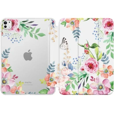 Abbildung von MoKo Hülle Kompatibel mit iPad Pro 11 Zoll M4 2024 (5. Gen), TPU Transluzent Matt Rückseite Cover Auto Schlaf/Aufwach, Schutzhülle Ständer, Duftende Blume