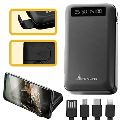 Abbildung von Power Bank 10000mAh Größe Kapazität 5V Fast Charge Powerbank Schnellladefunktion Lightning Mini USB C 4 integrierte Ladekabel Telefonhalter Externe Handyakkus Smartphone Tablet