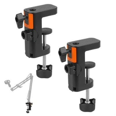 Abbildung von Tisch Halterung Mikrofon, Dual Use C Clamp Base Stand für Mikrofonarm und Schreibtischlampen mit Langem Arm, Verstellbare Tischklemme 6cm Schreibtisch (2 Stück, Schwarz)