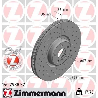 Abbildung von ZIMMERMANN 150.2988.52 Bremsscheibe 395 36 6/5 5 112 innenbelüftet, gelocht beschichtet hochgekohlt BMW: 7