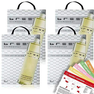 Abbildung von Bree Chardonnay, halbtrocken, Bag in Box, sortenreines Weinpaket + VINOX Winecards (4x3,0l)