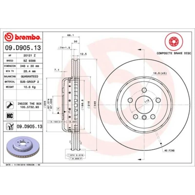 Abbildung von BREMBO 09.D905.13 Bremsscheibe 348 30 5 innenbelüftet, Verbundbremsscheibe beschichtet hochgekohlt mit Schrauben BMW: X4, Touring, Limousine