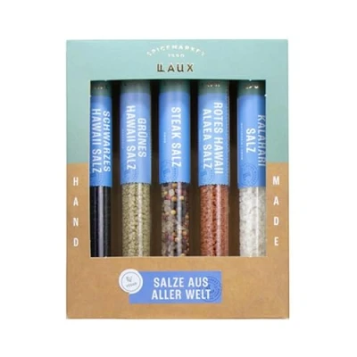 Abbildung von Laux Salze Aus Aller Welt Geschenkbox 5 Gourmet Salz Gewürze Hochwertiges Salat &amp; Grill Zubehör Ausgefallene Geschenke für Männer Frauen