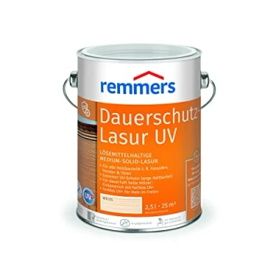 Abbildung von Remmers Dauerschutz Lasur UV weiß, 2,5 Liter, Dekorative Medium Solid für Außen, auch helle Farbtöne und farblos UV+, wetterbeständig