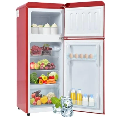 Abbildung von Merax Retro Kühlschrank Mini mit Gefrierfunktion, Zweitürig, 92L, 4 Sterne Gefrierfach, LED Beleuchtung, 116 kWh/Jahr, Kompakt &amp; Freistehend, 28L Gefriervolumen Rot