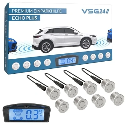Abbildung von VSG24 Premium Kombi Einparkhilfe mit Display zum nachrüsten am Auto, PDC Parksensoren Vorne Hinten Stecksystem für einfachste Montage 8 Rückfahrwarner Sensoren Parkhilfe Nachrüstsatz