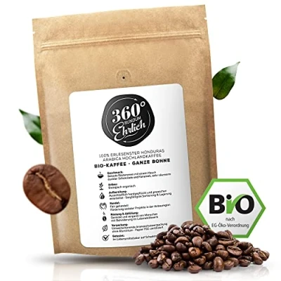 Abbildung von 360 Premium Bio Kaffeebohnen 1000g, 100% Honduras Hochland Arabica Köstlich, mild, säurearm Kaffee ganze Bohnen Ideal als Vollautomat Rundum Ehrlich