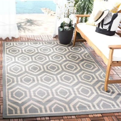 Abbildung von SAFAVIEH Zeitgenössische Teppich für Innen &amp; Außenbereich Courtyard Collection, Kurzer Flor, Anthrazit und Beige, 160 X 231 cm