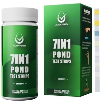 Abbildung von AQUAVERITY 7 in 1 Teichteststreifen Präzises Teichwassertest Kit Für pH Wert, Nitrat, Nitrit, Karbonat, Härte, Gesamt und freies Chlor alle Gartenteiche 50 Streifen