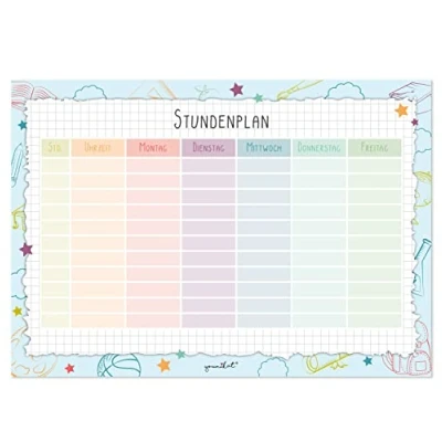 Abbildung von Stundenplan Bunt I Papier Block mit 25 Blatt DIN A4 zum Schulanfang für Mädchen und Jungen neutral Beschriften Abreißen dv1052