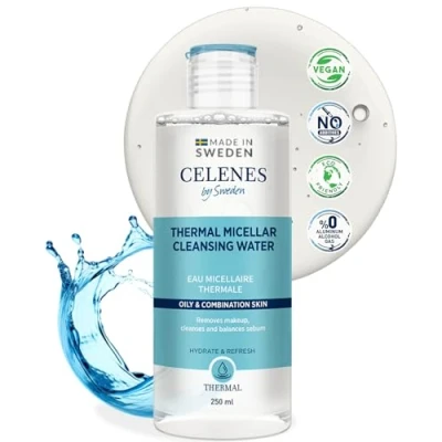 Abbildung von Celenes by Sweden Thermisches Mizellen Reinigungswasser Sanfte, spülungsfreie Formel für fettige &amp; Mischhaut, Alkoholfrei, Frei von Silikonen, Parabenen Ideal den täglichen Gebrauch, 250ml