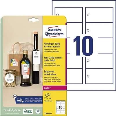 Abbildung von AVERY Zweckform T2001 10 stabile Anhänger 100 Stück inkl. Schnüre (90x50mm auf A4, beidseitig bedruckbare Produktanhänger, extra glatte Kanten, Geschenkanhänger, Preisanhänger) Karton 220g, weiß