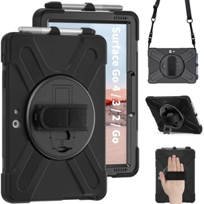 Abbildung von Junfire Panzerhülle Silikon für Microsoft Surface Go 4/Surface 3/Surface 2/Surface Go, Hülle Stoßfest und Robust mit 360 Grad Drehbar Stände, Handschlaufe, Schultergurt Stifthalter Schwarz