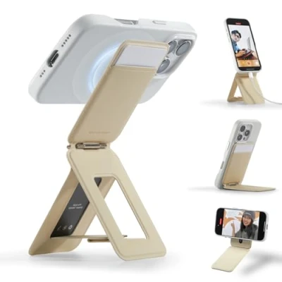 Abbildung von MOFT Kartenhalter &amp; Handy Stativ Ständer, Geldbörse mit Winkeleinstellung Starken Magneten, Mini Selfie Stick für iPhone 16/15/14/13/12 Serie, Smartphone (Erdiges Beige)