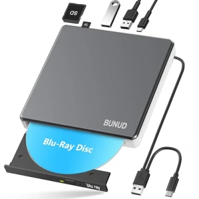 Abbildung von Externes Blu Ray CD DVD Laufwerk USB 3.0 &amp; Type C CD/DVD Brenner Writer mit 2 SD/TF Slots, Optical 3D BD Bluray Extern für PC Laptop Windows 11/10 Mac MacBook