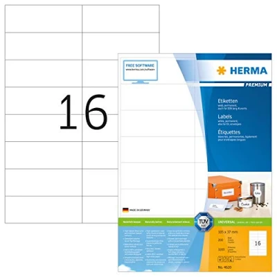 Abbildung von HERMA 4620 Adressetiketten, 1600 Blatt, 105 x 37 mm, 16 pro A4 Bogen, 25600 Stück, selbstklebend, bedruckbar, matt, blanko Papier Adressaufkleber Etiketten, weiß