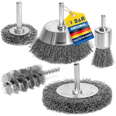 Abbildung von S&amp;R Drahtbürste Set für Bohrmaschinen, gewellter Stahldraht Rundschaft 6mm, Winkelschleifer, Flex, (Set 5 tlg, tlg., Scheiben , Topf Pinsel und Zylinderstahlbürste), Sicheres entrosten, entgraten, abtragen, schleifen bearbeiten
