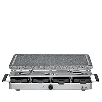 Abbildung von Spring CLASSIC Raclette 8 Personen, Granit Grillplatte, Heißer Stein mit Saftrille, Pfännchen, Schaber, Abstellebene, 48 x 27 14,5 cm, 1200W, Grill