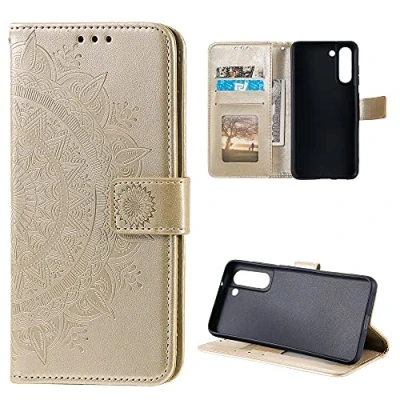 Abbildung von CoverKingz Handy Case kompatibel mit Samsung Galaxy S21 FE Cover Kartenfach Phonecase Smartphone Hülle klappbar Motiv Mandala Gold