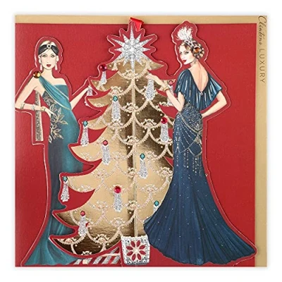 Abbildung von Clintons: Weihnachtskarte &quot;Roaring 20&#039;s Two Girls by Gold Christmas Tree&quot;