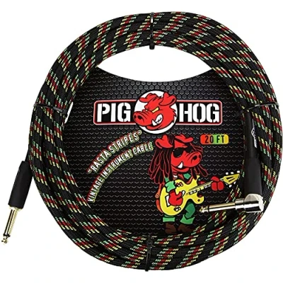 Abbildung von Pig Hog Vintage Serie Instrumentenkabel, Rasta Stripes, 6m/20ft, 6.35 (1/4) auf (1/4), Hochwertige Qualität, Gewebt, Winkelstecker