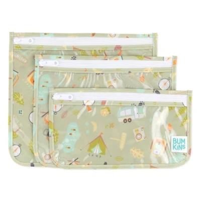Abbildung von Bumkins TSA zugelassene Kulturbeutel, Reisetasche, Quart Zip Pouch, transparente Seite, PVC frei, vinylfrei, 3er Set Camp Gear