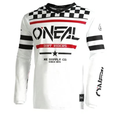 Abbildung von O&#039;NEAL Motocross Shirt langarm Kinder MX MTB Mountainbike Leichtes Material, ergonomischer Slim Fit Schnitt für perfekte Passform Element Youth Jersey Squadron V.22 Weiß Schwarz L