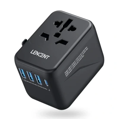 Abbildung von LENCENT Universal Reiseadapter Weltweit Internationaler Adapter mit 3 USB &amp; Typ C PD Ladeanschlüssen für EU Europäisch US UK AUS A/C/G/I Steckdosen, über 200 Länder, Schwarz