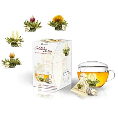 Abbildung von Creano ErblühTeelini Teeblumen Geschenkset mit Teeglas und 8 im Tassenformat, Weißer Tee, Geschenk zu Weihnachten