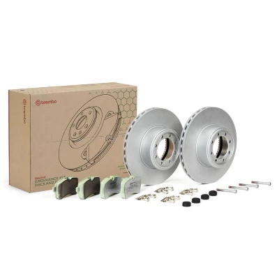 Abbildung von BREMBO KT 10 024 Bremsscheiben und beläge innenbelüftet mit Zubehör Bremssattelschrauben für Verschleißwarnanzeiger vorbereitet