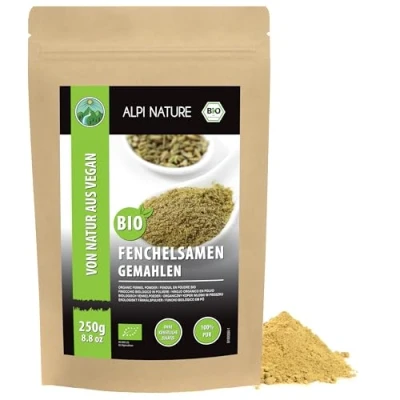 Abbildung von Bio Fenchel gemahlen (250g), Fenchelpulver, Fenchelsamen aus kontrolliert biologischem Anbau, Pulver 100% natürlich, ohne Zusätze, Samen