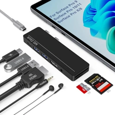 Abbildung von Surface Pro 11/10/9/8/X Docking Station, 11 Adapter Hub Zubehör mit 4K HDMI, Thunderbolt 4 (8K@30Hz Video+40G Daten+100W PD), USB3.0, SD/TF, 3.5mm Audio für 8/9/10/11/X