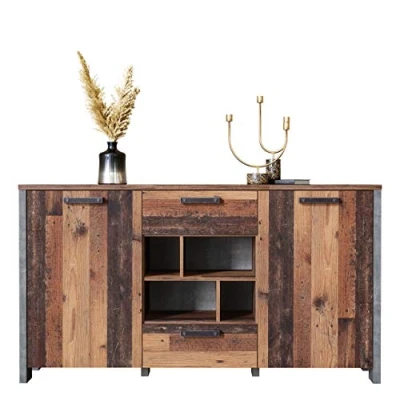 Abbildung von Newfurn Kommode Betonoptik Dunkelgrau Old Wood Sideboard Vintage Indurstrial 156,4x86,3x41,6 cm (BxHxT) Highboard Anrichte Wohnzimmer Schlafzimmer Flur Esszimmer