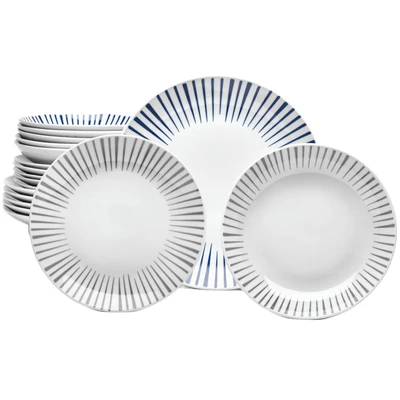 Abbildung von van Well Tafelservice &quot;Geschirr Set Paros, 18 teilig, rund&quot;, (Set, tlg.), weiß mit Streifen in blau/grau, spülmaschinen und mikrowellengeeignet