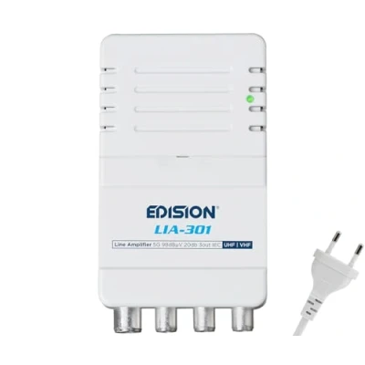 Abbildung von EDISION LIA 301 Hausanschlussverstärker UHF/VHF, 5 20db, 98dBmV, Frequenzbereich 47 694Mhz, geeignet für Kabelfernsehen, Terrestrisch und Radio, 5G LTE Filter, 1 Eingang, 3 Ausgänge, IEC Anschlüsse