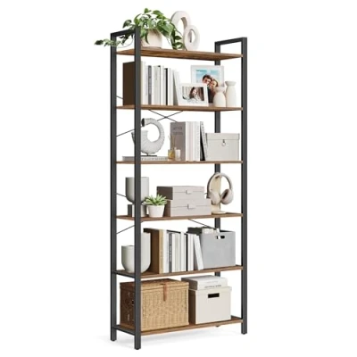 Abbildung von VASAGLE Bücherregal 6 Ebenen, Standregal mit Stahlrahmen, freistehendes Regal für Wohnzimmer, Schlafzimmer, Arbeitszimmer, 30 x 80 186 cm, Industrie Design, vintagebraun schwarz LLS082B01