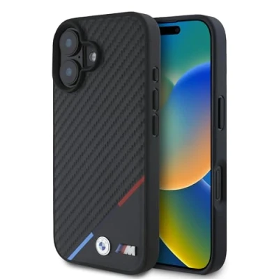 Abbildung von CG MOBILE BMW HC M Handyhülle entworfen für iPhone 16, langlebig, stoßfest, kompatibel mit Magsafe, PU Carbon Tricolor Line Hülle Schwarz