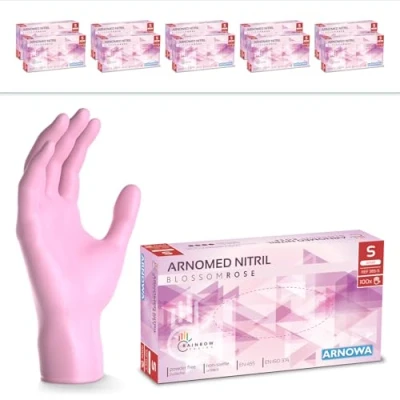 Abbildung von 1000 Stück (10x100) ARNOMED Einweghandschuhe Rosa, Einmalhandschuhe S, Nitril Handschuhe Einweg, Nitrilhandschuhe puderfrei, Gummihandschuhe Schutzhandschuhe, in XS, M, L