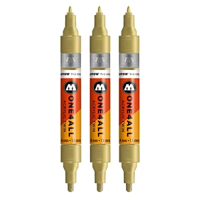 Abbildung von Molotow One4All Acrylic Twin Marker (Strichstärke 1,5 mm und 4 mm, hochdeckend permanent) 3 Stück Farbe 228 metallic gold