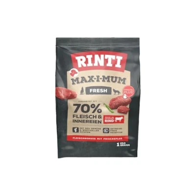 Abbildung von Rinti Max i Mum Trockenfutter für ausgewachsene Hunde mit 70% Fleisch und Innereien. Getreidefreies Alleinfutter im Beutel ausgewogenem Protein /Fett Verhältnis 7x1kg Rind