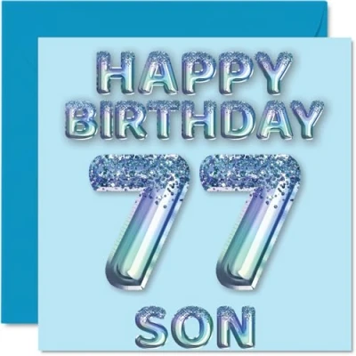 Abbildung von Stuff4 Geburtstagskarte zum 77. Geburtstag für Sohn, blaue Glitzer Partyballons, Happy Birthday Karten 77 Jahre alten Sohn von Mama, Papa, Eltern, 145 mm x mm, Geburtstagsgrußkarten, Geschenk