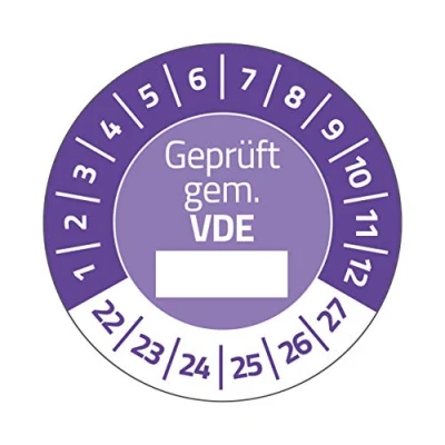 Abbildung von AVERY Zweckform 80 Prüfplaketten 2022 2027 Geprüft gem. VDE (widerstandsfähig, selbstklebend, Ø 30 mm, Prüfaufkleber, beschriftbare Prüfsiegel aus Vinyl Klebefolie) Art. 6984 2022, violett