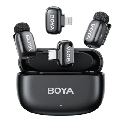 Abbildung von Boya Mini Wireless Lavalier Mikrofon für Lightning/Type C, Ultra mit AI Voice Change, Rauschunterdrückung und Ladekoffer, Metall Clip auf Vlogging TikTok YouTube
