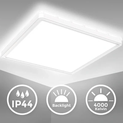 Abbildung von B.K.Licht Deckenleuchte LED Deckenlampe mit Backlight weiß Badezimmer Büro IP44 18W flach 35mm, fest integriert, 4000K Neutralweiß, Panel eckig 29x29cm 230V Küche Wohnzimmer Arbeitszimmer BKL1559