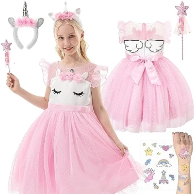 Abbildung von Corimori Einhorn ODER Regenbogen Farben Kostüm für Kinder, Größe: 122, Rosa