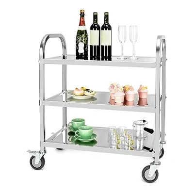 Abbildung von QWORK® 3 Etagen Edelstahl Servierwagen Teewagen Reinigungswagen mit Vibrationsarmen Bremse Lenkrollen für Küche, Hotel, Restaurant (75 x 40 83,5 cm)