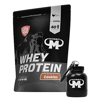 Abbildung von 1kg Mammut Whey Protein Eiweißshake Set inkl. Shaker, Riegel, Powderbank oder Tasse (Cookies, Gratis Powderbank)