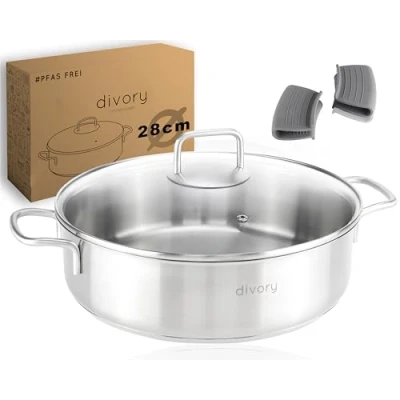 Abbildung von DIVORY Schmorpfanne 28 cm PURA, hohe Servierpfanne edelstahl unbeschichteter Kochtopf 28cm backofenfest, Schmortopf mit Deckel induktion, Pfanne unbeschichtet &amp; Servierpfannen hoher Rand, casserole